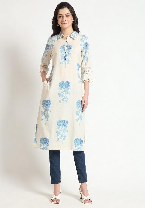 Cream Floral Cotton Kurta