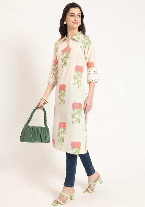 Cream Floral Cotton Kurta