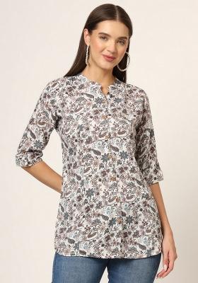White & Brown Printed Cotton Top