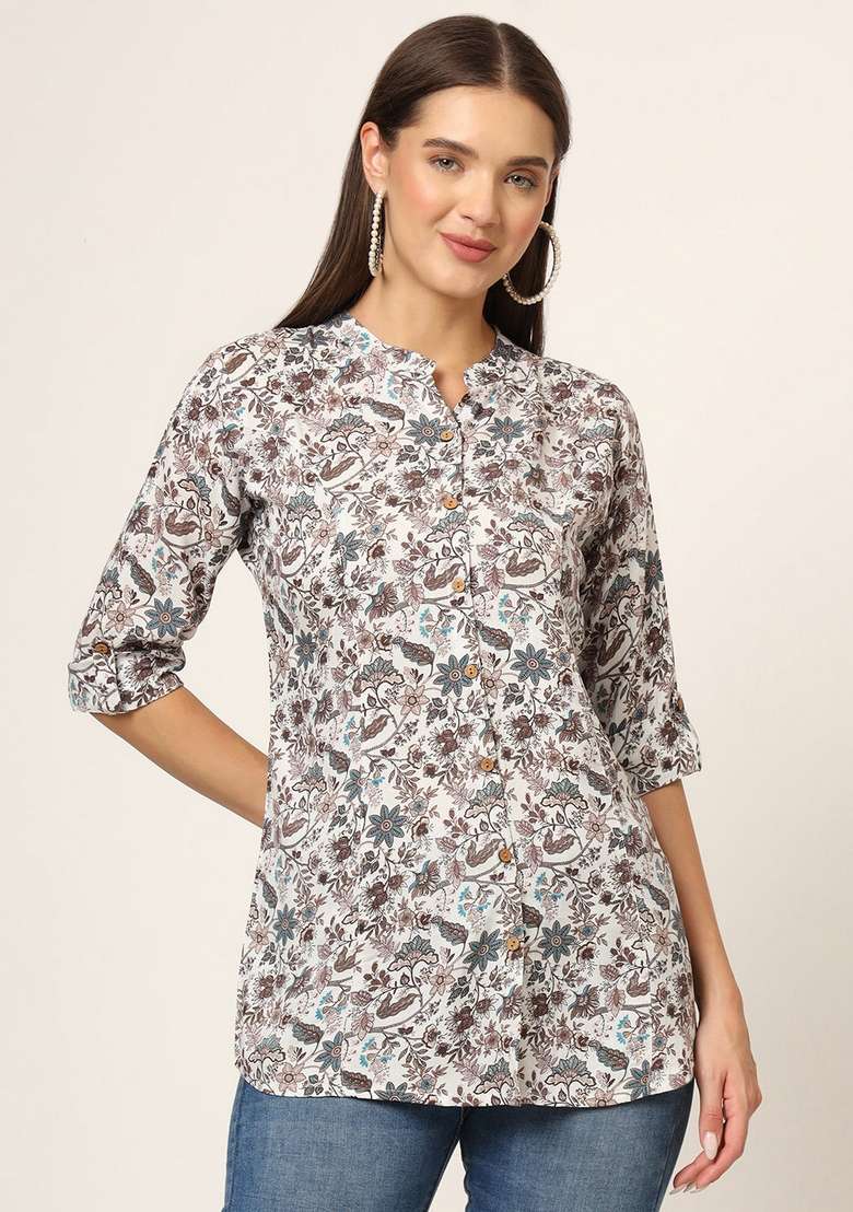White & Brown Printed Cotton Top - Indya