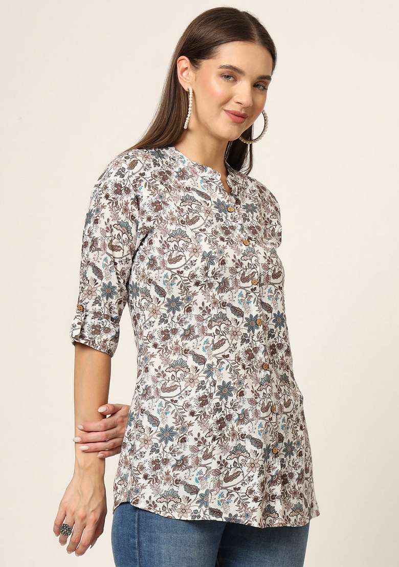 White & Brown Printed Cotton Top - Indya