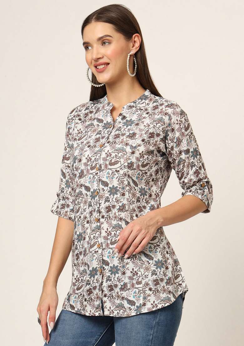 White & Brown Printed Cotton Top - Indya
