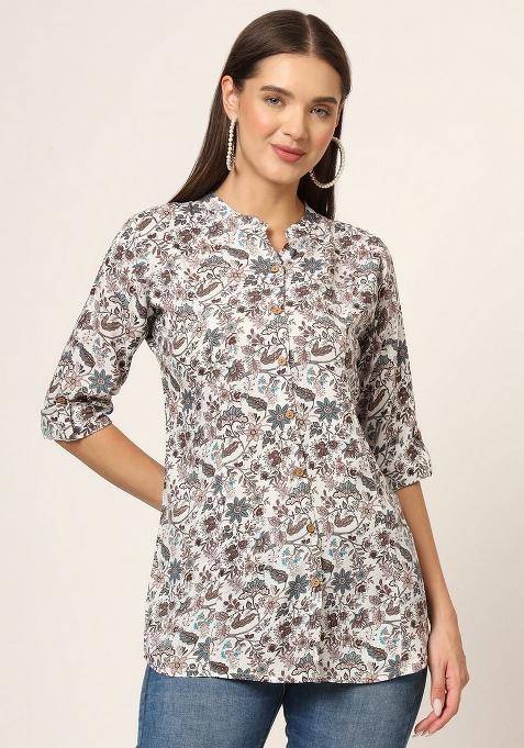 White & Brown Printed Cotton Top