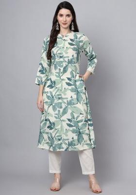 White Printed Cotton Kurta Set
