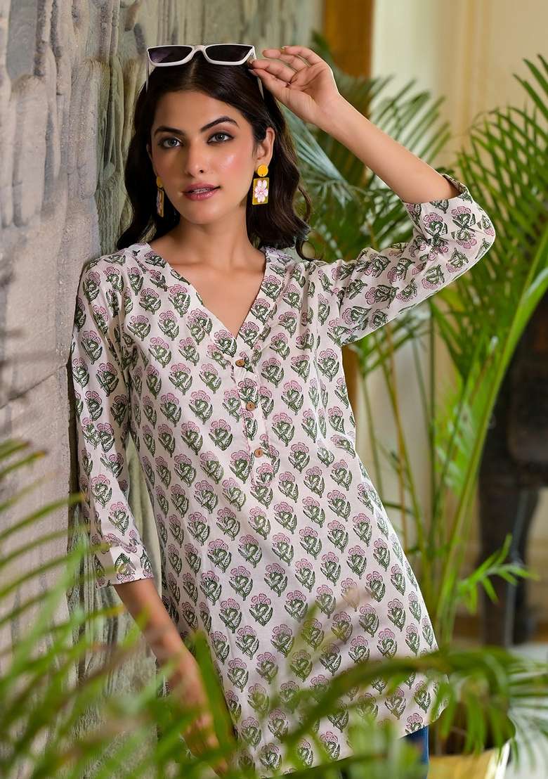 Offwhite Printed Cotton Top - Indya
