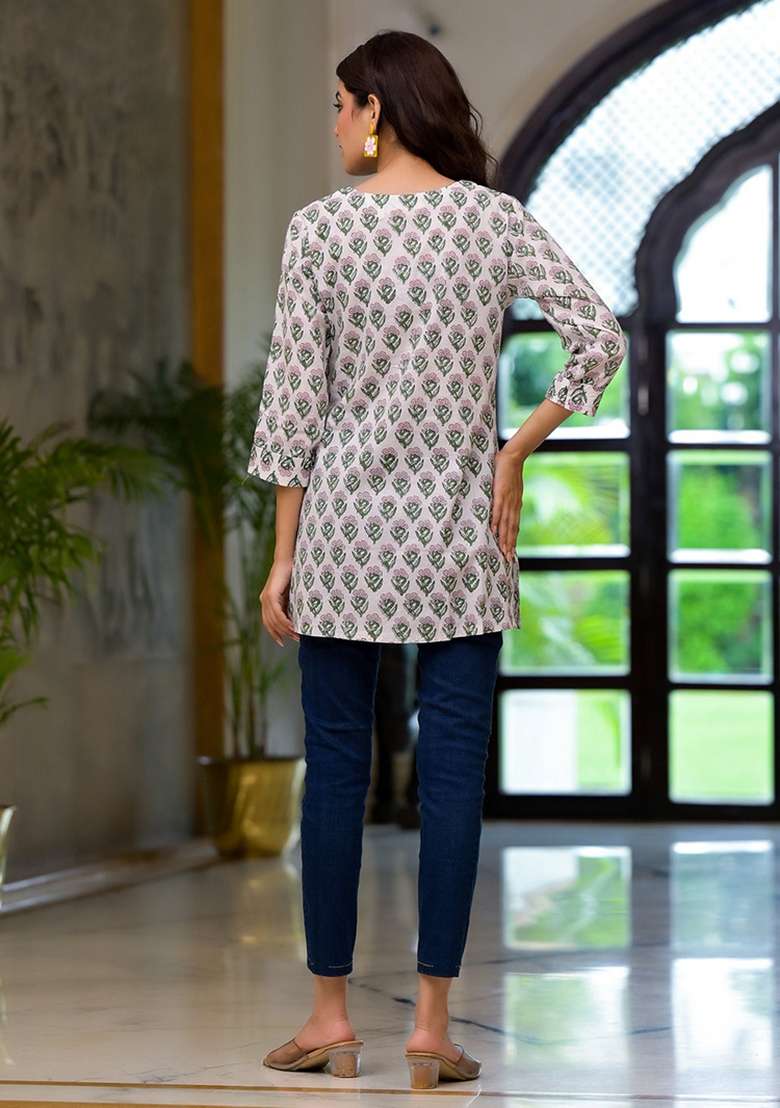Offwhite Printed Cotton Top - Indya