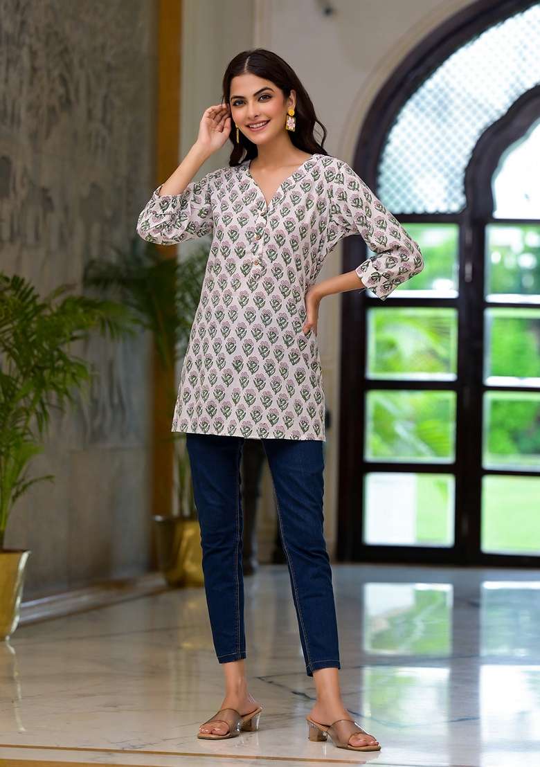 Offwhite Printed Cotton Top - Indya