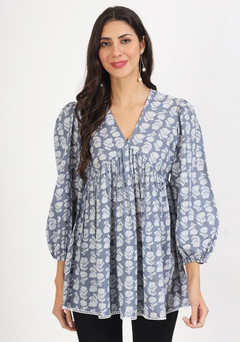 Grey Floral Print Cotton Kurta - Indya
