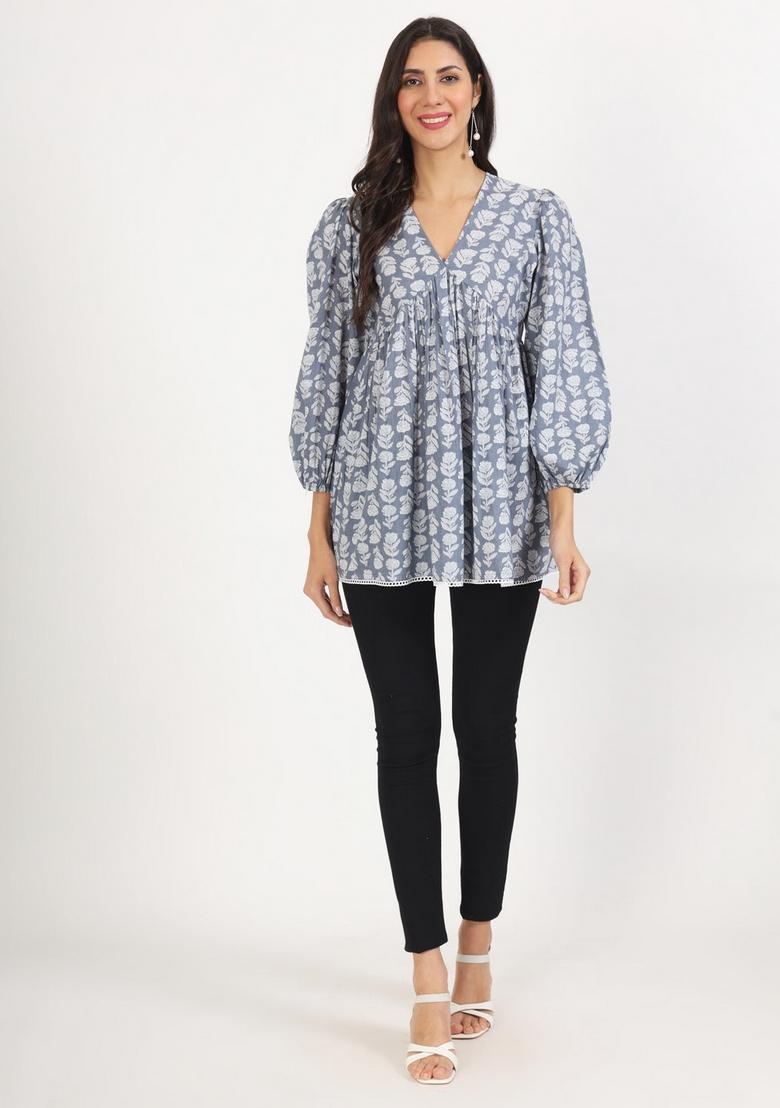 Grey Floral Print Cotton Kurta - Indya