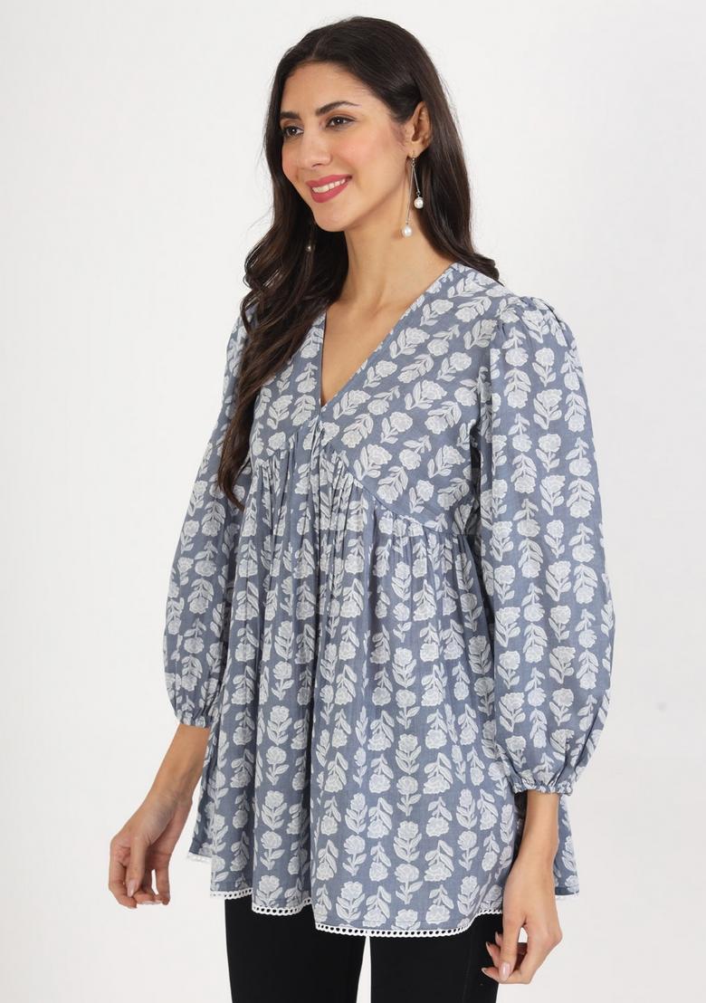 Grey Printed Cotton Top - Indya