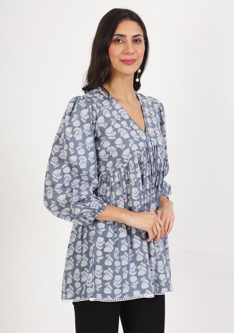 Grey Floral Print Cotton Kurta - Indya