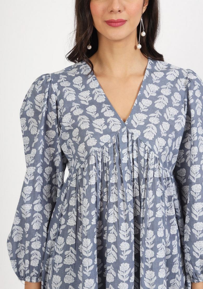 Grey Floral Print Cotton Kurta - Indya