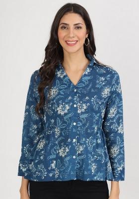 Indigo Blue Floral Print Cotton Top