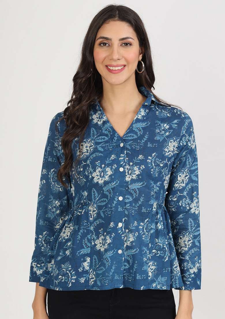 Indigo Blue Floral Print Cotton Kurta - Indya