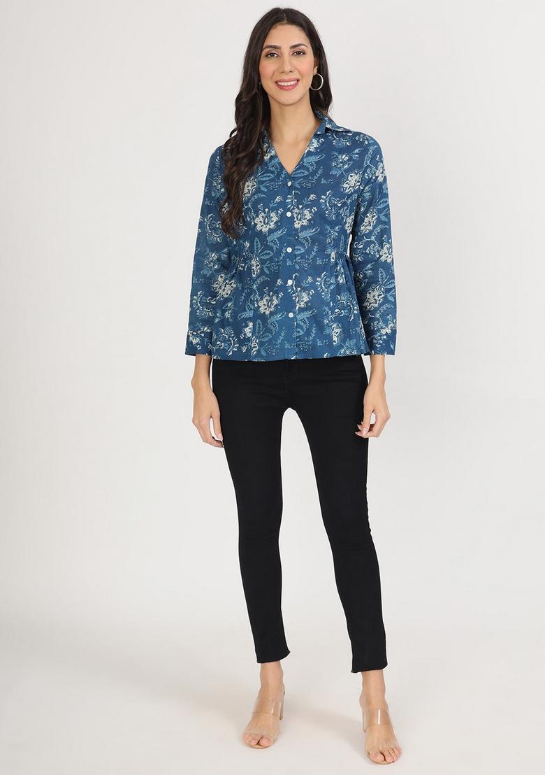 Indigo Blue Floral Print Cotton Top - Indya