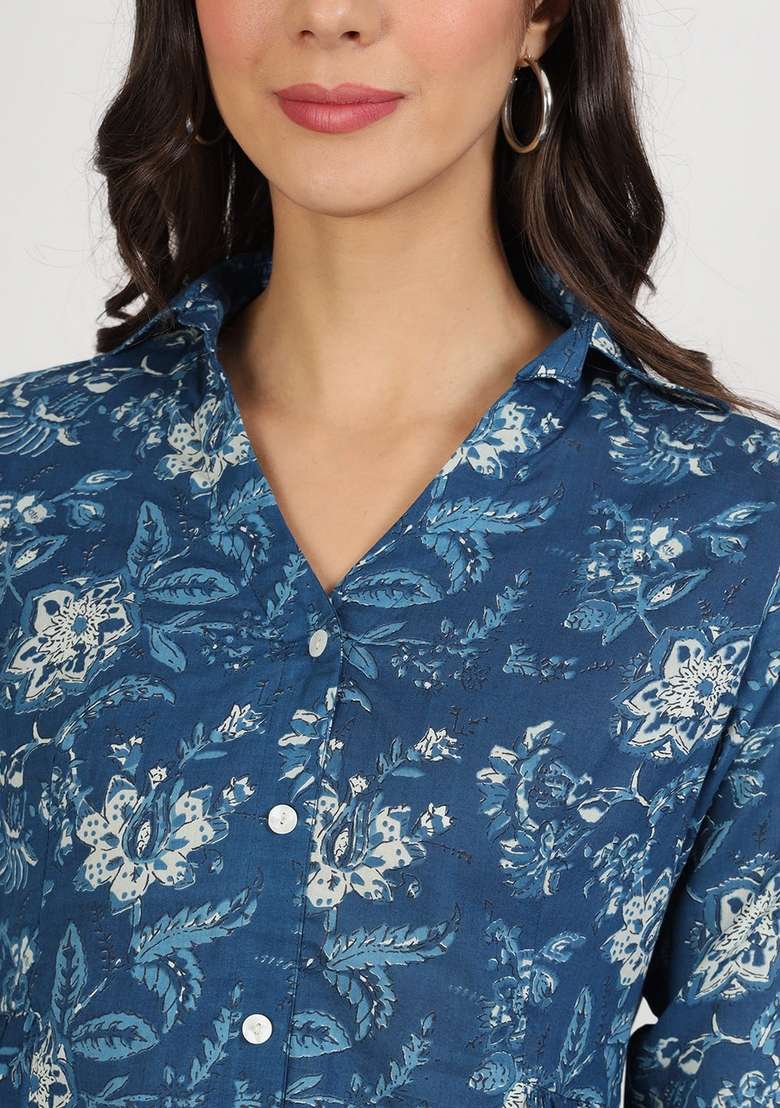Indigo Blue Floral Print Cotton Kurta - Indya