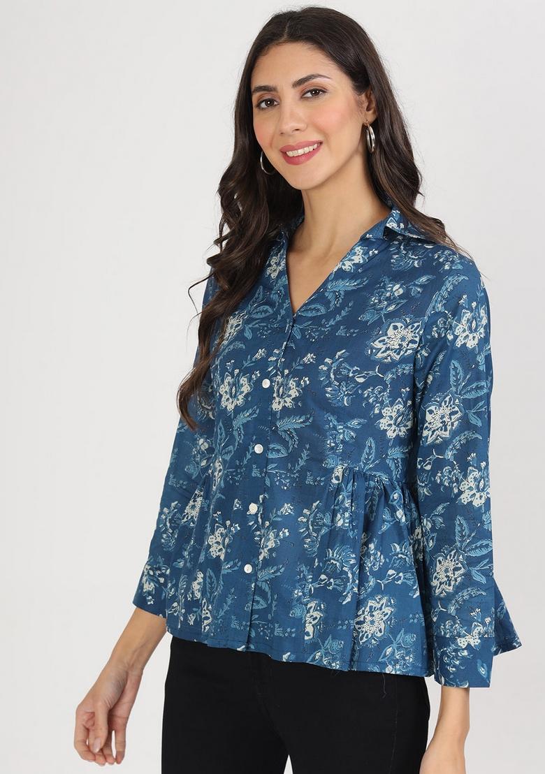 Indigo Blue Floral Print Cotton Top - Indya