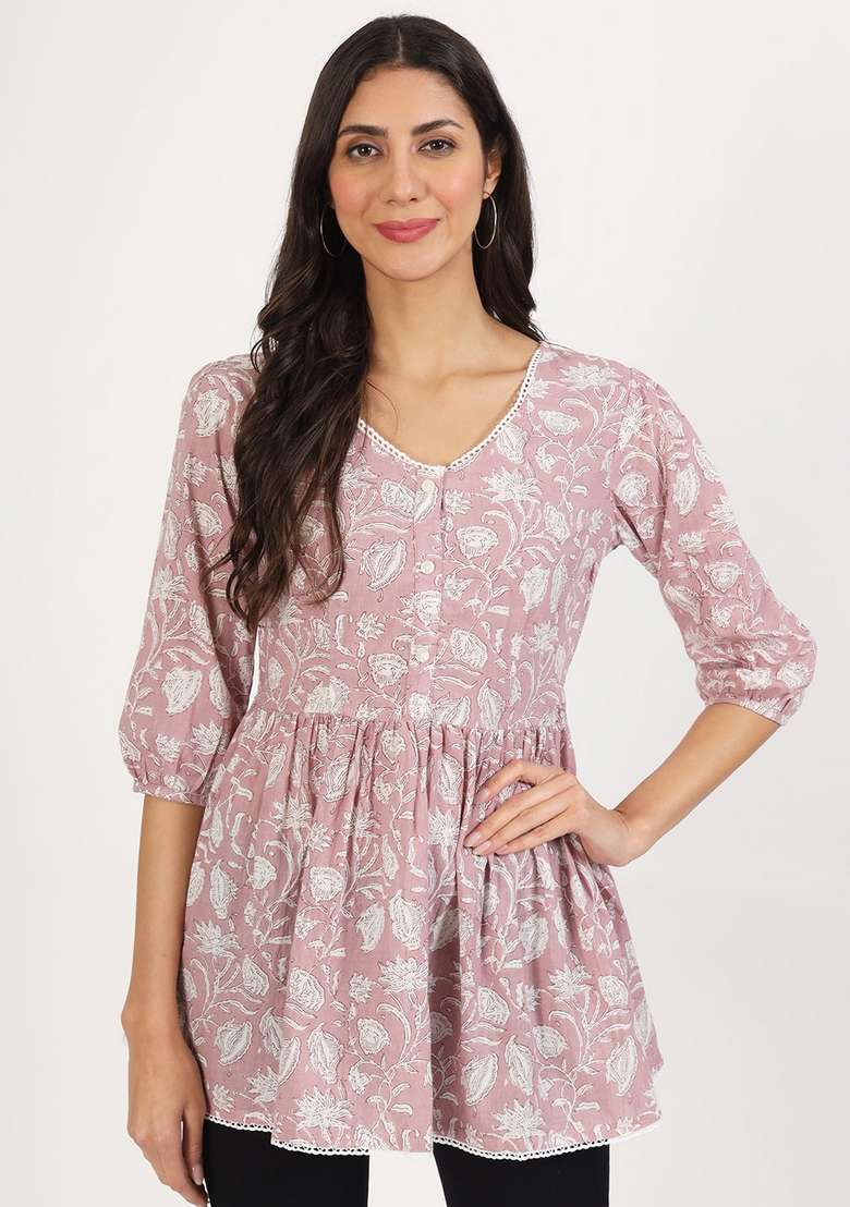 Pink Printed Cotton Kurta - Indya