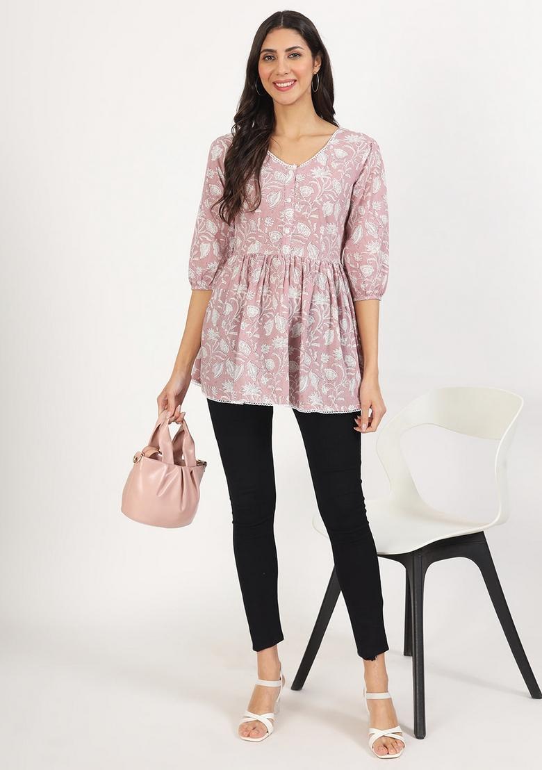 Pink Printed Cotton Top - Indya