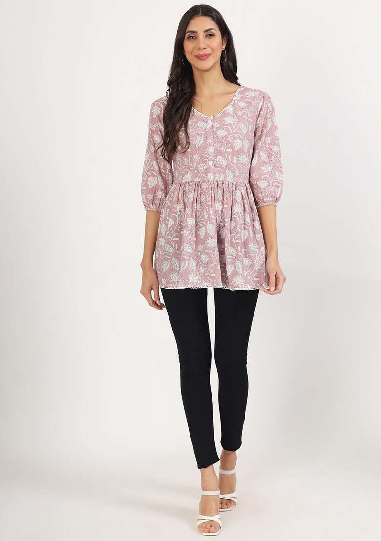 Pink Printed Cotton Kurta - Indya