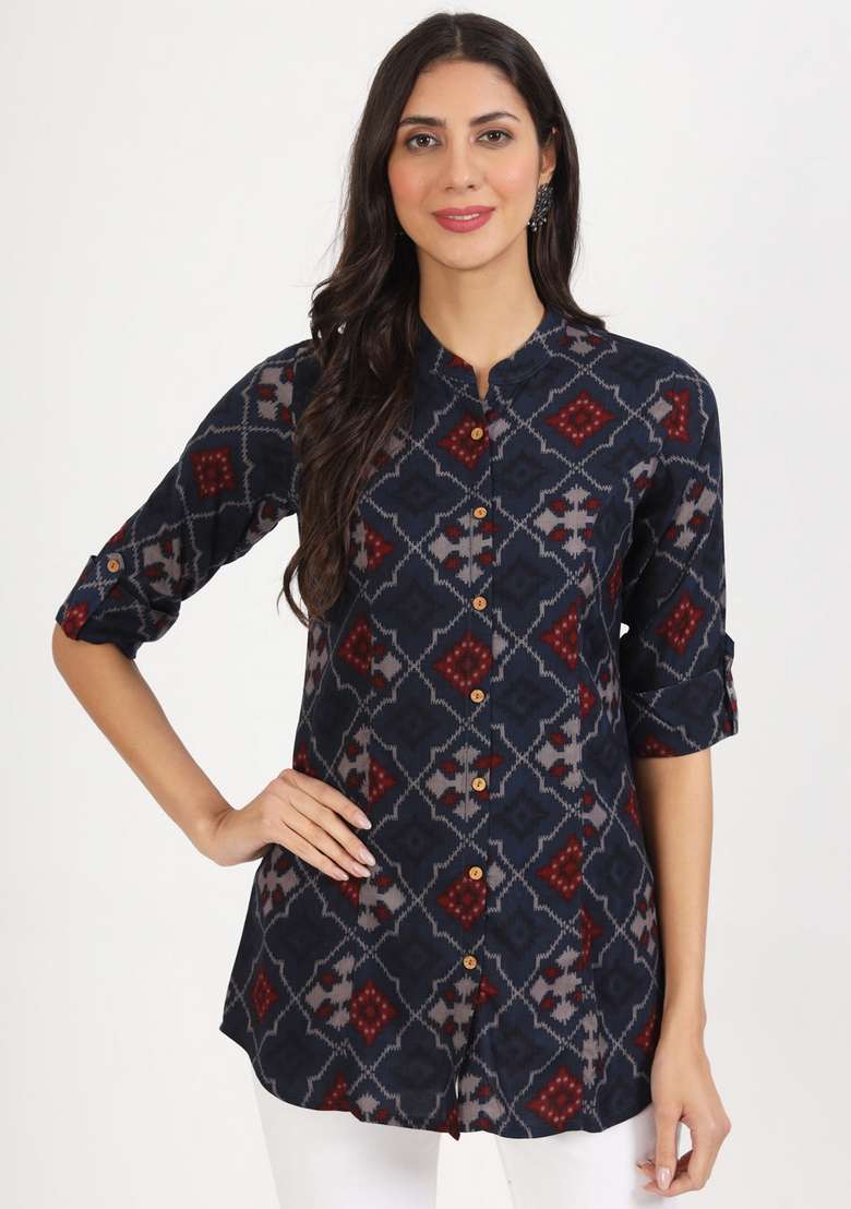 Blue Printed Cotton Kurta - Indya