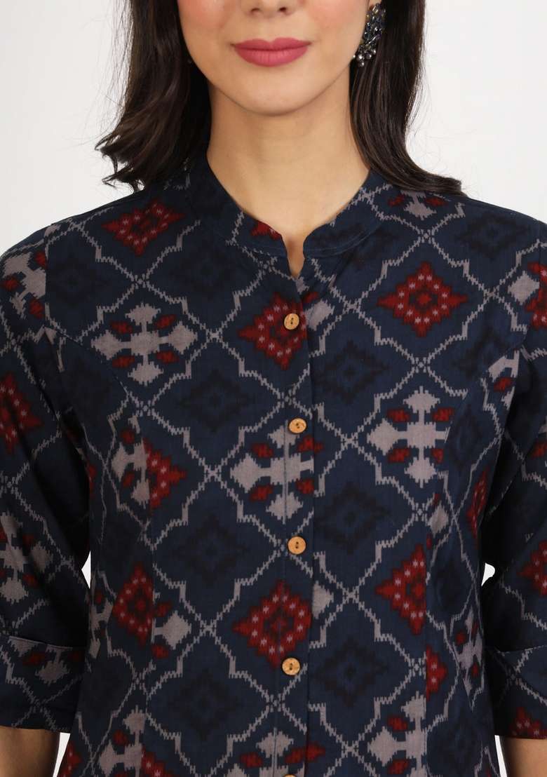 Blue Printed Cotton Kurta - Indya
