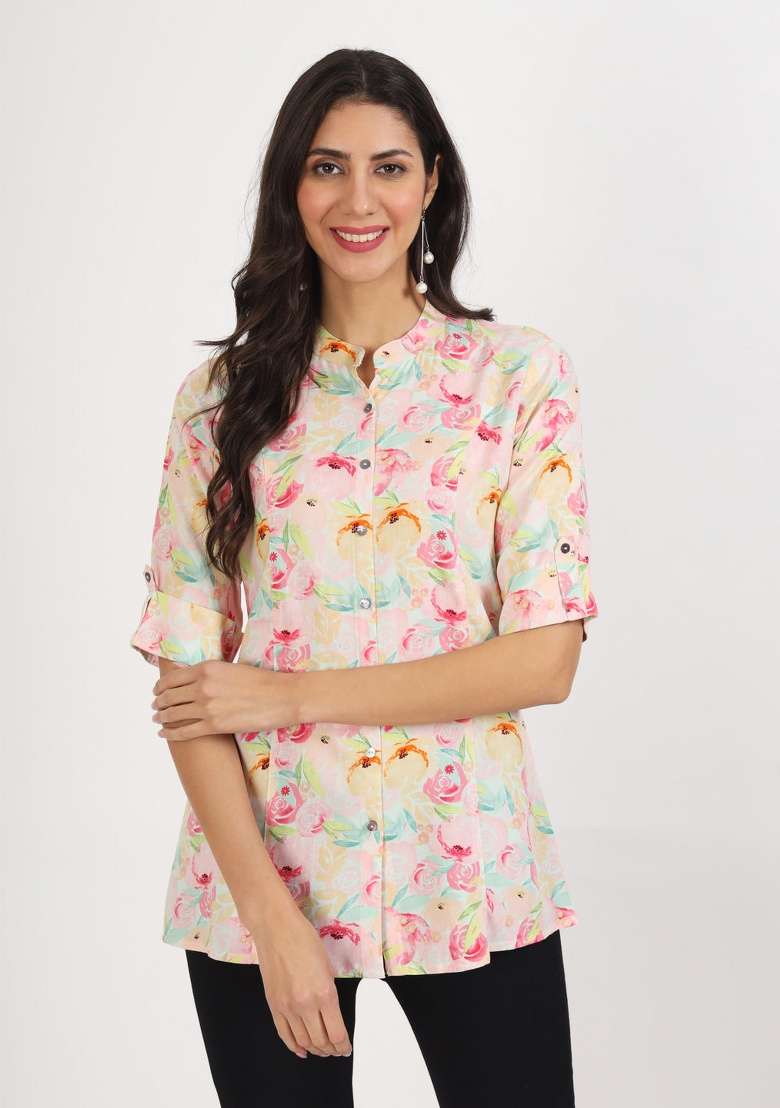 Green Floral Print Cotton Kurta - Indya