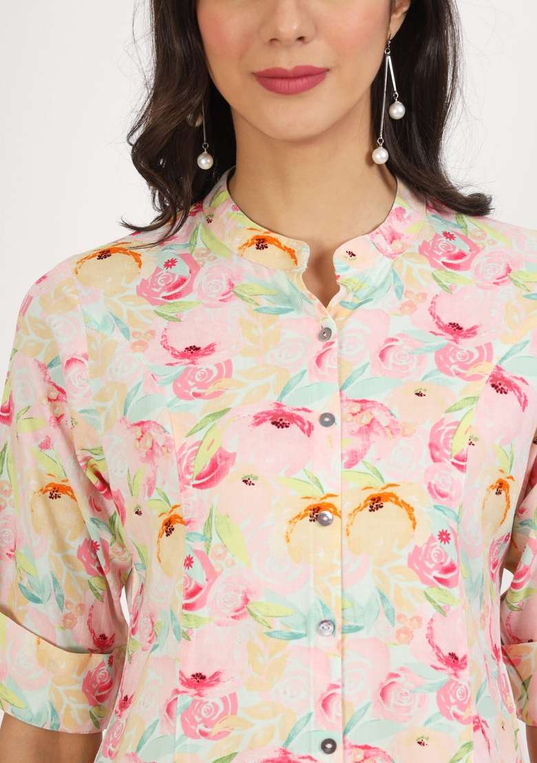 Green Floral Print Cotton Kurta - Indya