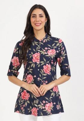 Â&nbsp;Navy Blue Floral Print Cotton Top