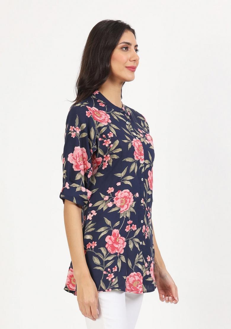 Â&nbsp;Navy Blue Floral Print Cotton Top - Indya