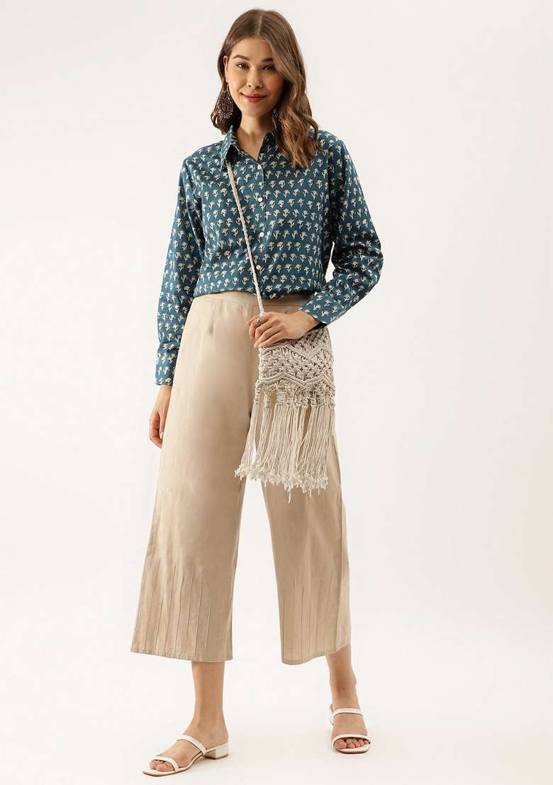 Turquoise Blue Printed Cotton Kurta - Indya