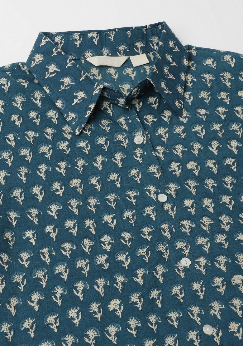 Turquoise Blue Â&nbsp;Ethnic Motif Printed Cotton Top - Indya