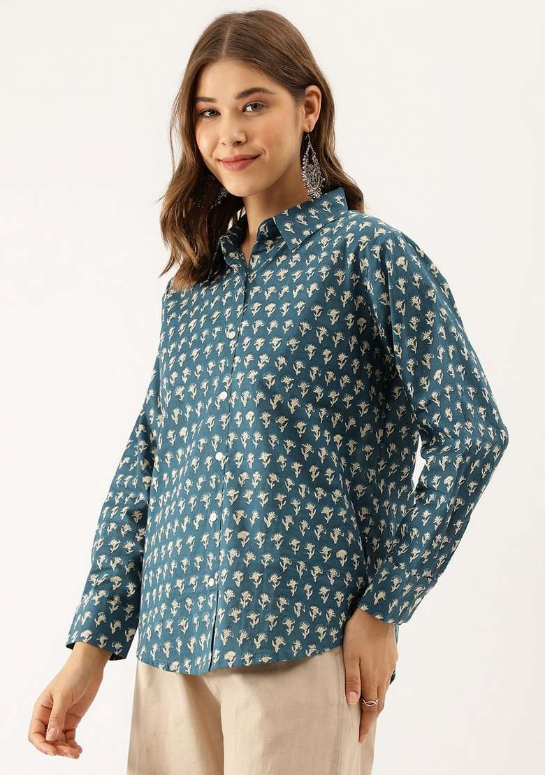 Turquoise Blue Printed Cotton Kurta - Indya