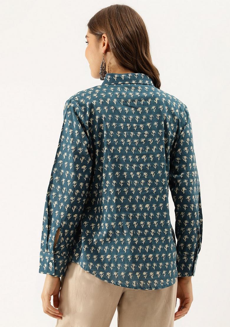 Turquoise Blue Â&nbsp;Ethnic Motif Printed Cotton Top - Indya