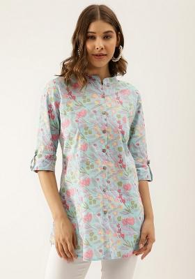 Sky Blue Floral Print Cotton Top