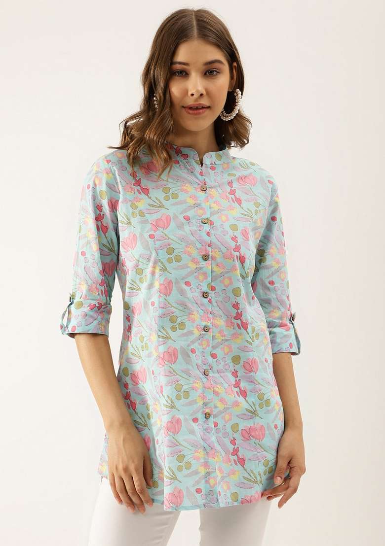 Sky Blue Floral Print Cotton Kurta - Indya