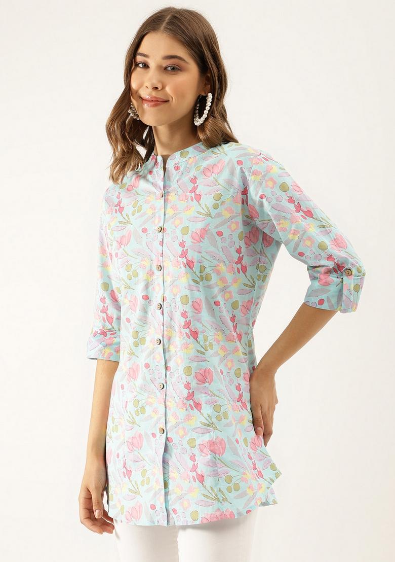Sky Blue Floral Print Cotton Top - Indya