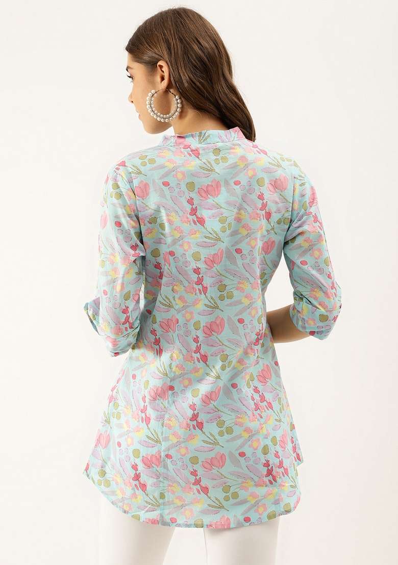 Sky Blue Floral Print Cotton Kurta - Indya