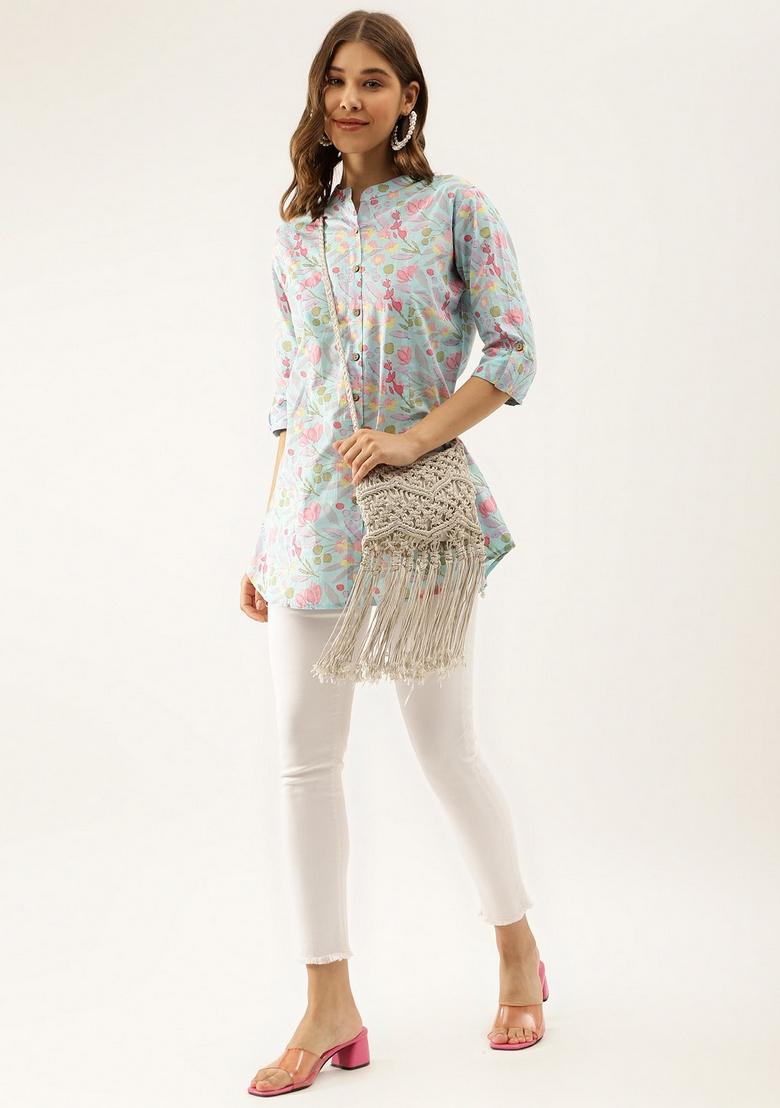 Sky Blue Floral Print Cotton Top - Indya