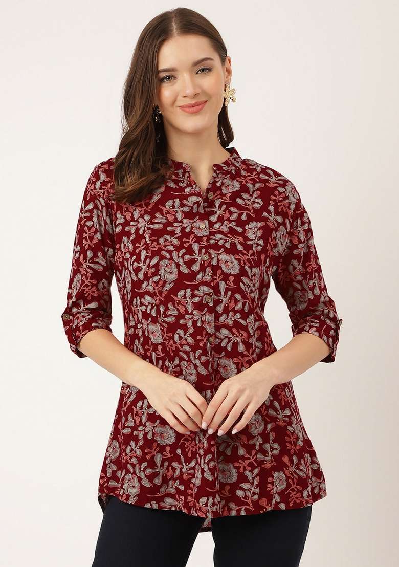 Maroon Floral Print Cotton Kurta - Indya