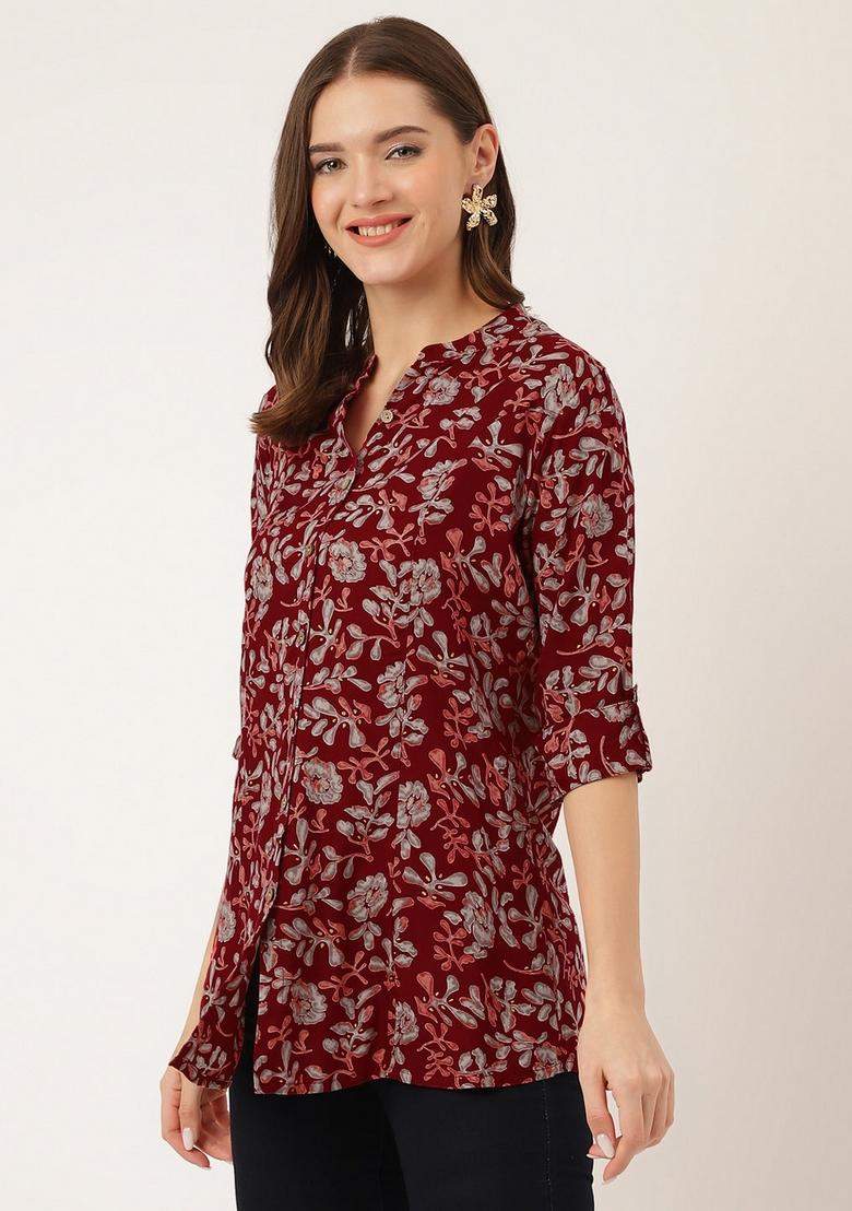 Maroon Floral Cotton Top - Indya