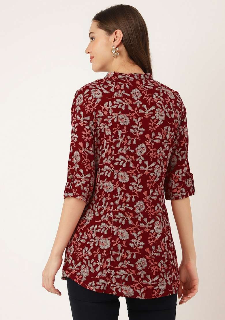 Maroon Floral Print Cotton Kurta - Indya