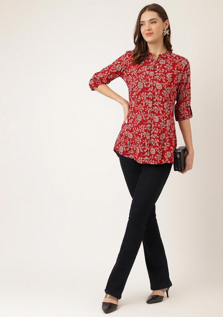 Maroon Floral Cotton Top - Indya