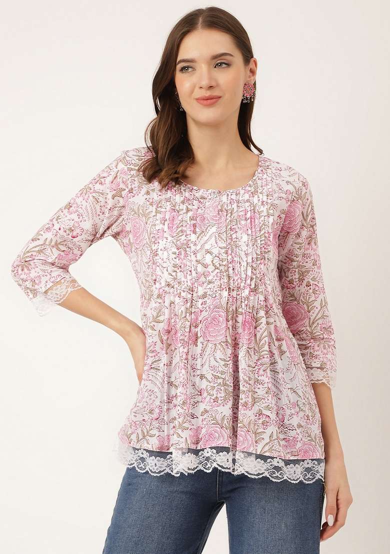 Pink Printed Cotton Kurta - Indya