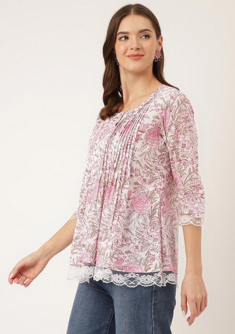 Pink & White Floral Cotton Top - Indya