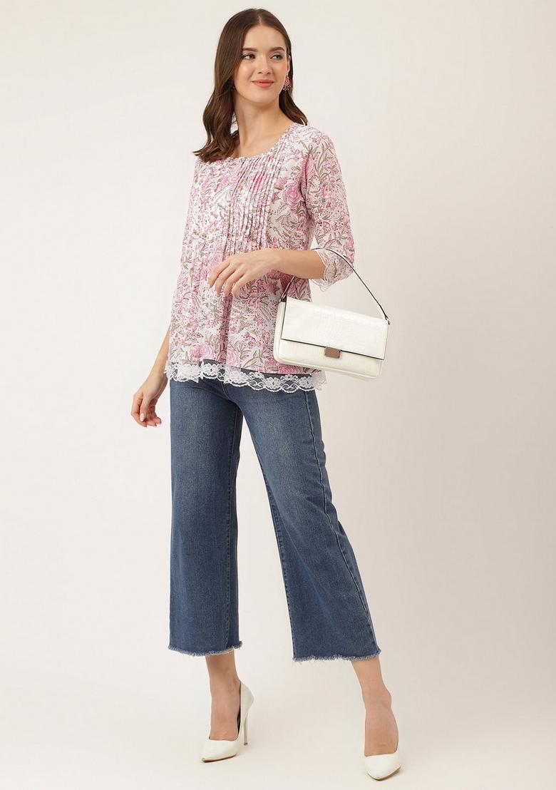 Pink & White Floral Cotton Top - Indya