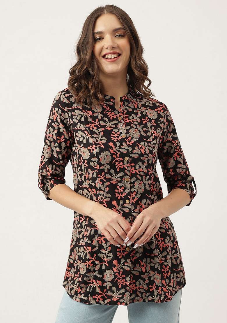 Black Floral Print Cotton Kurta - Indya