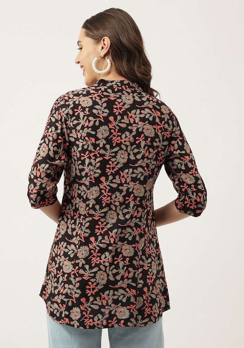 Black Floral Print Cotton Kurta - Indya