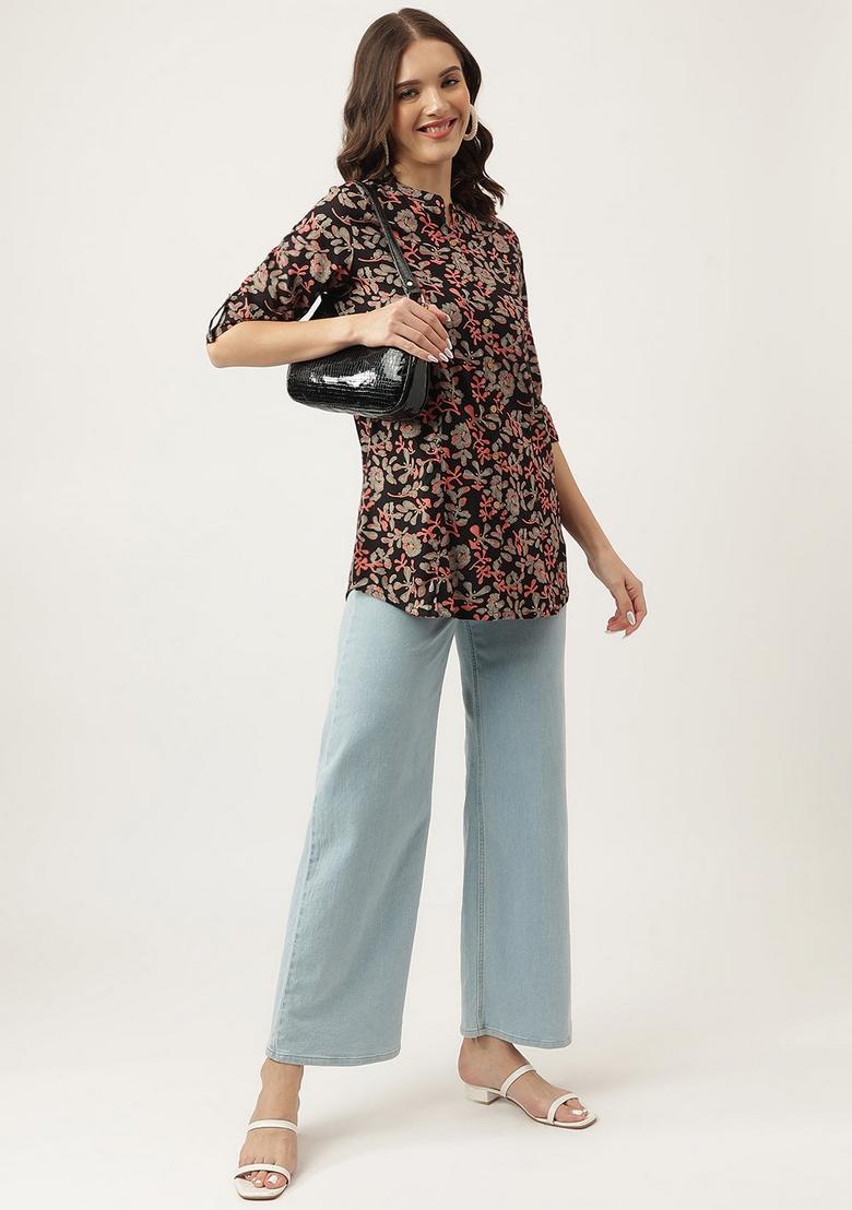 Black Floral Cotton Top - Indya