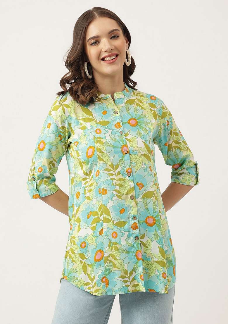 Light Green Floral Print Cotton Kurta - Indya